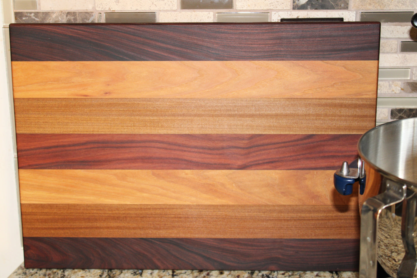 Cutting Board Made of Afromosia, Morado, & Hickory Wood "The Mountains Are Calling"