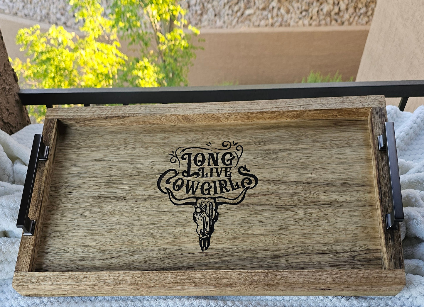Serving Tray Made of Black Limba "Long Live Cowgirls"