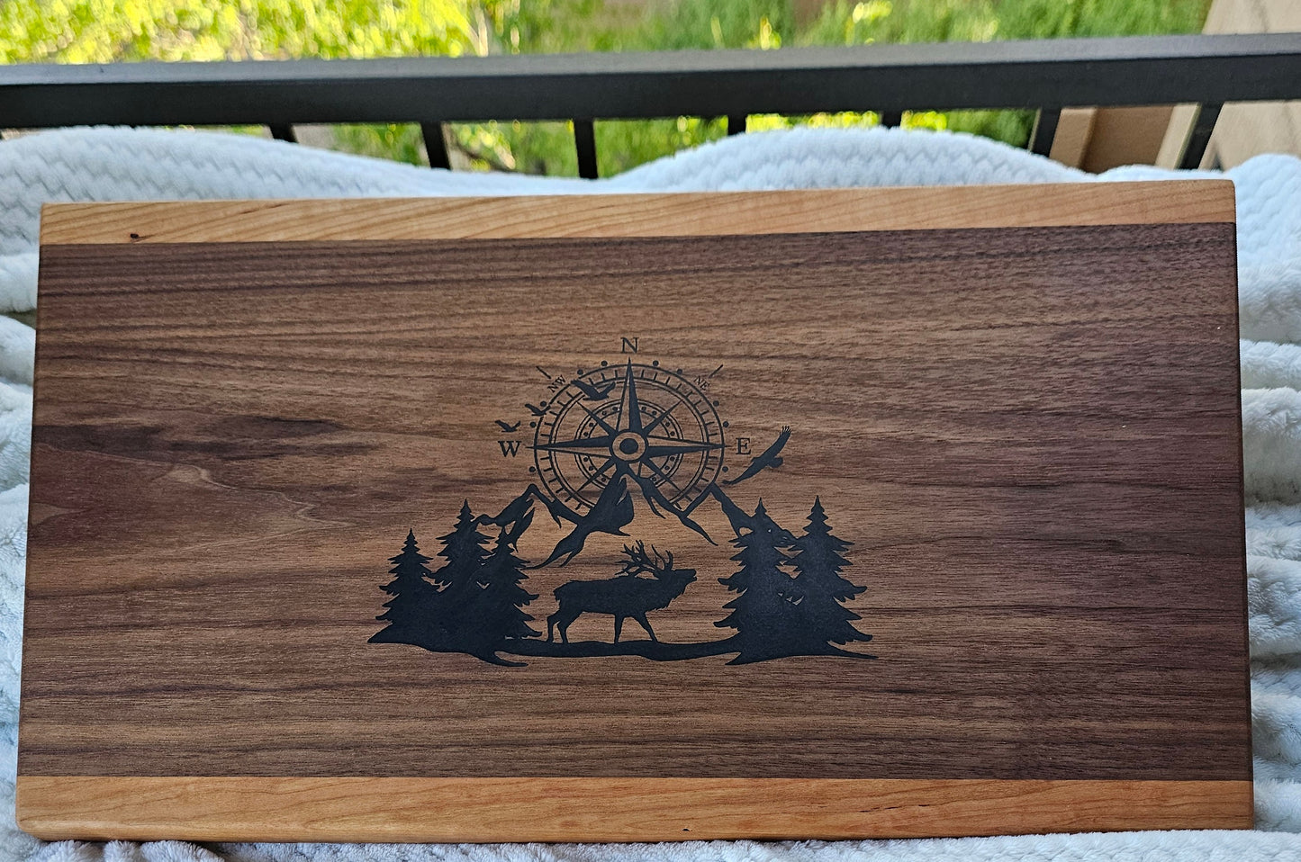 Cutting Board Made of Black Walnut & Cherry Wood with Black Epoxy Elk Image