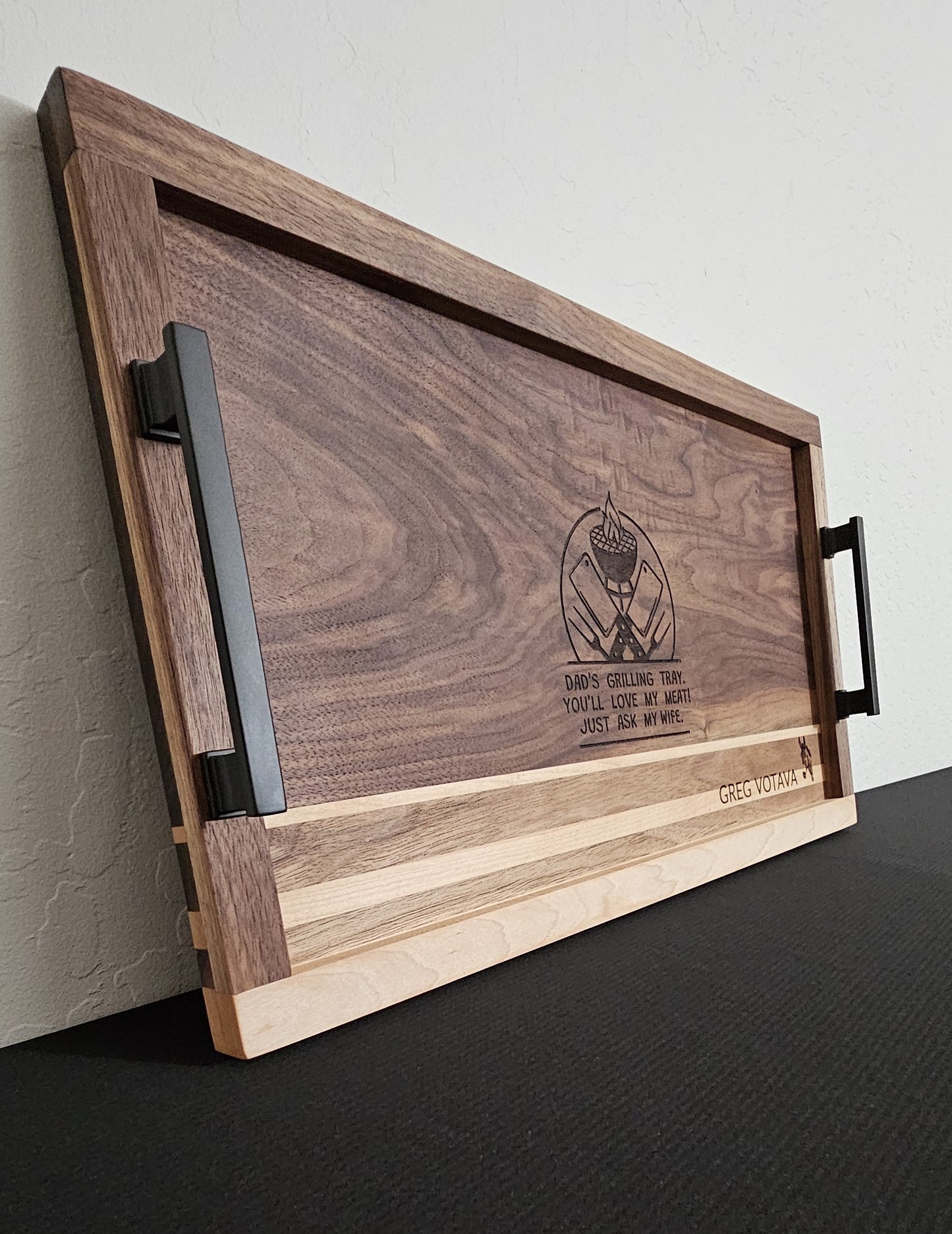 Serving Tray Made of Black Walnut & Hard Maple "Dad's Grilling Tray"