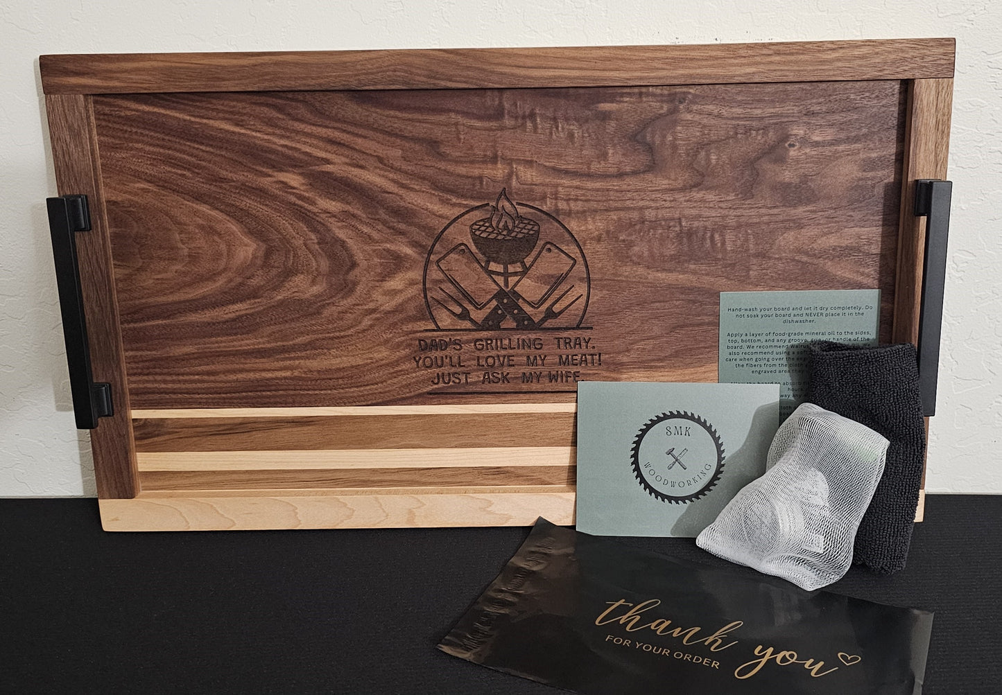 Serving Tray Made of Black Walnut & Hard Maple "Dad's Grilling Tray"
