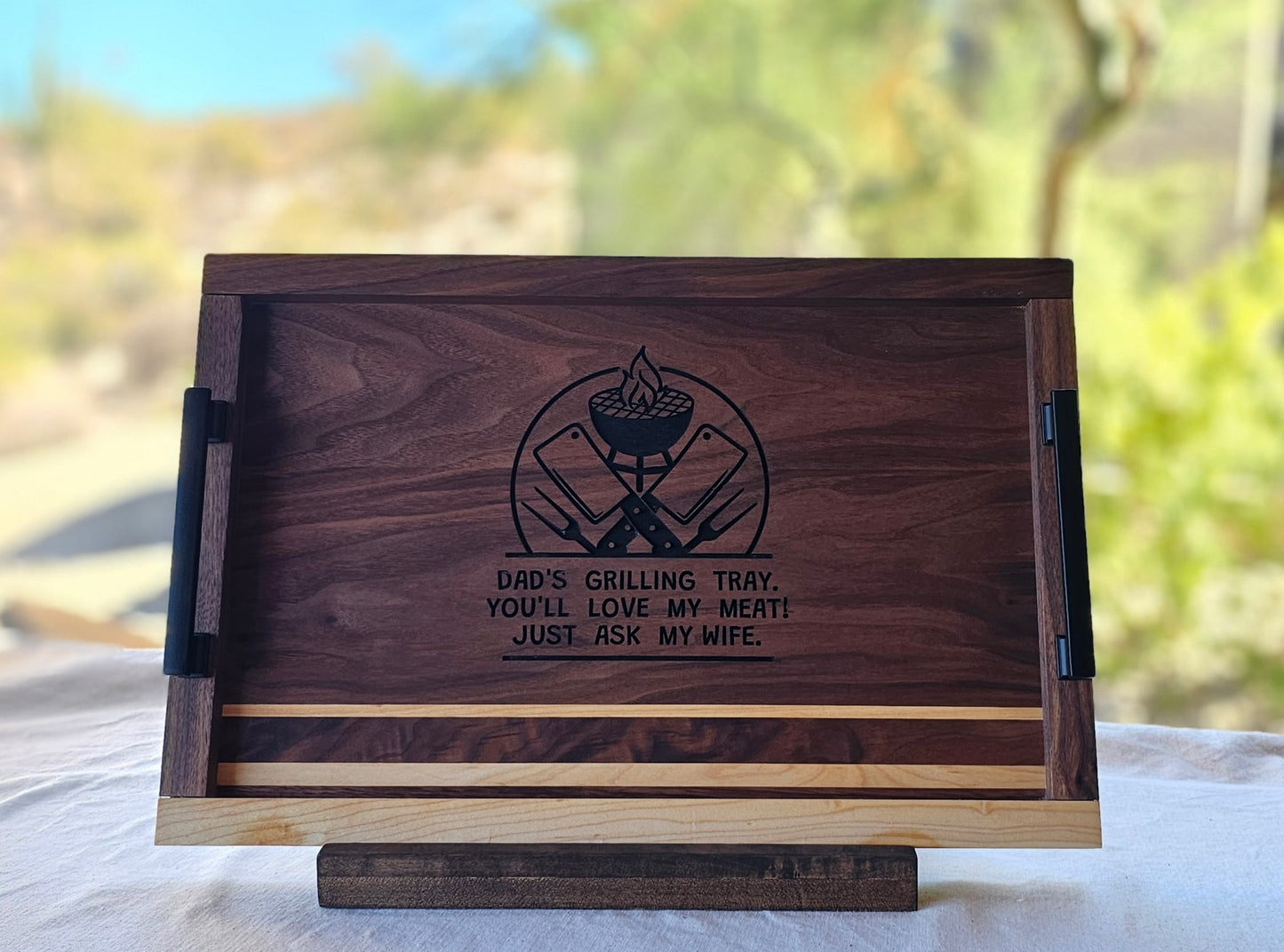 Serving Tray Made of Black Walnut & Hard Maple "Dad's Grilling Tray"
