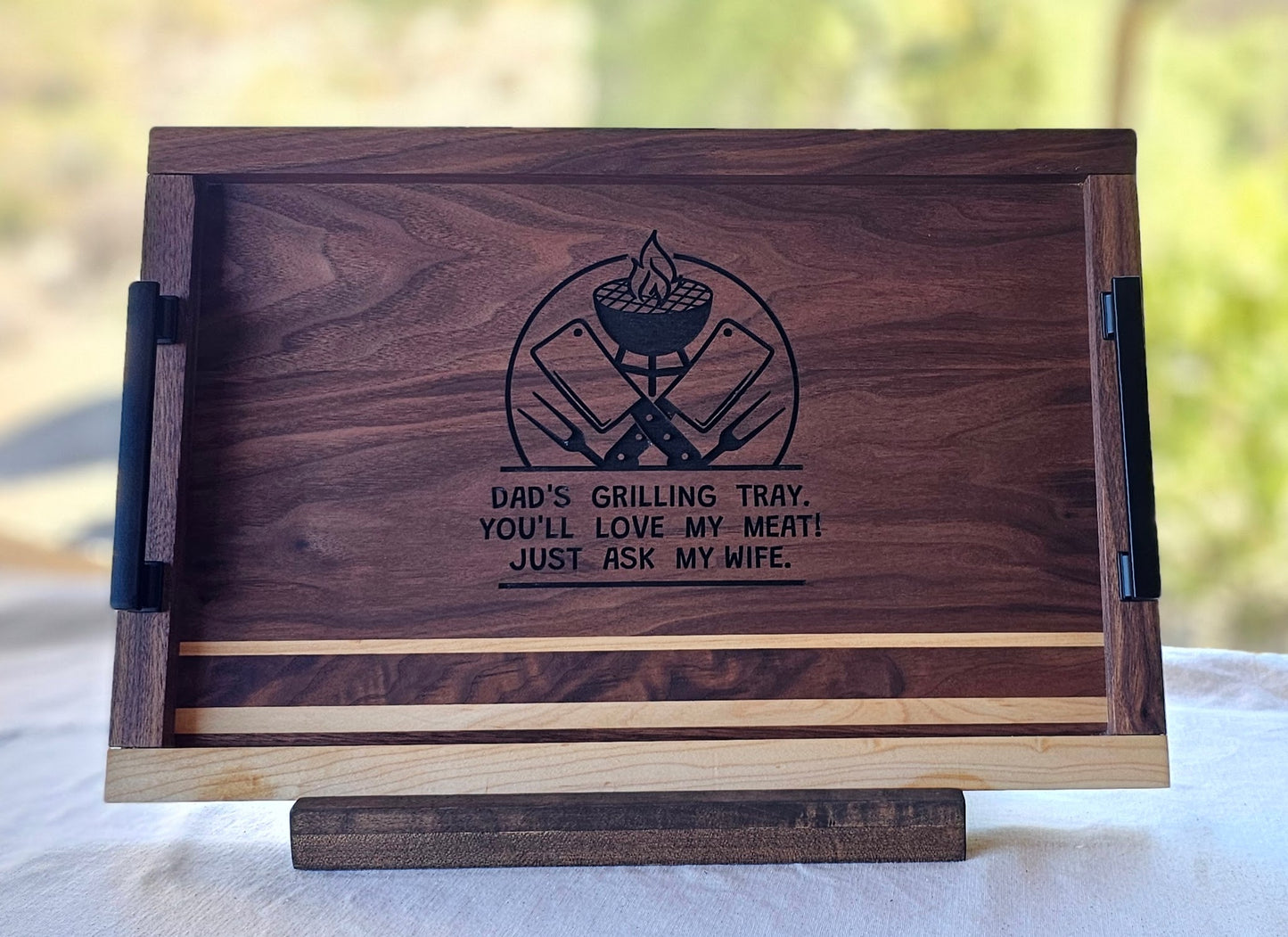 Serving Tray Made of Black Walnut & Hard Maple "Dad's Grilling Tray"